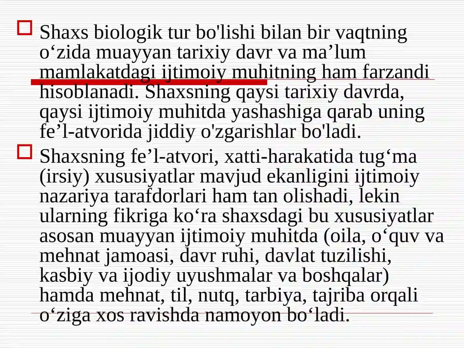 SHAXSNING JAMIYATDA IJTIMOIYLASHUVI VA BOSHQARUV PSIXOLOGIYASI. SHAXS IJTIMOIYLASHUVI VA IJTIMOIY HULQ-ATVOR 2