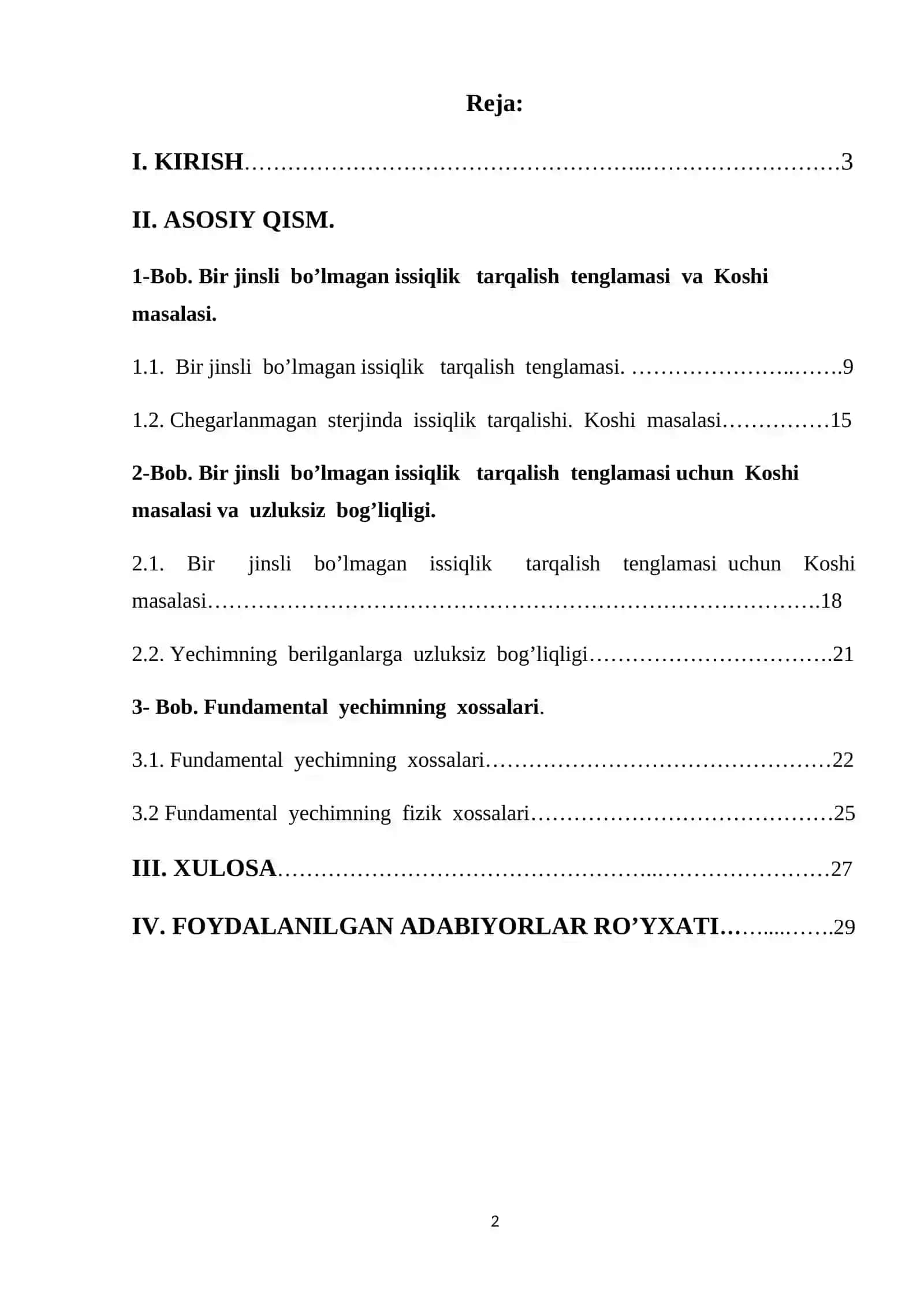Bir jinsli bo’lmagan parabolik tanglama uchun Koshi masalasi 2