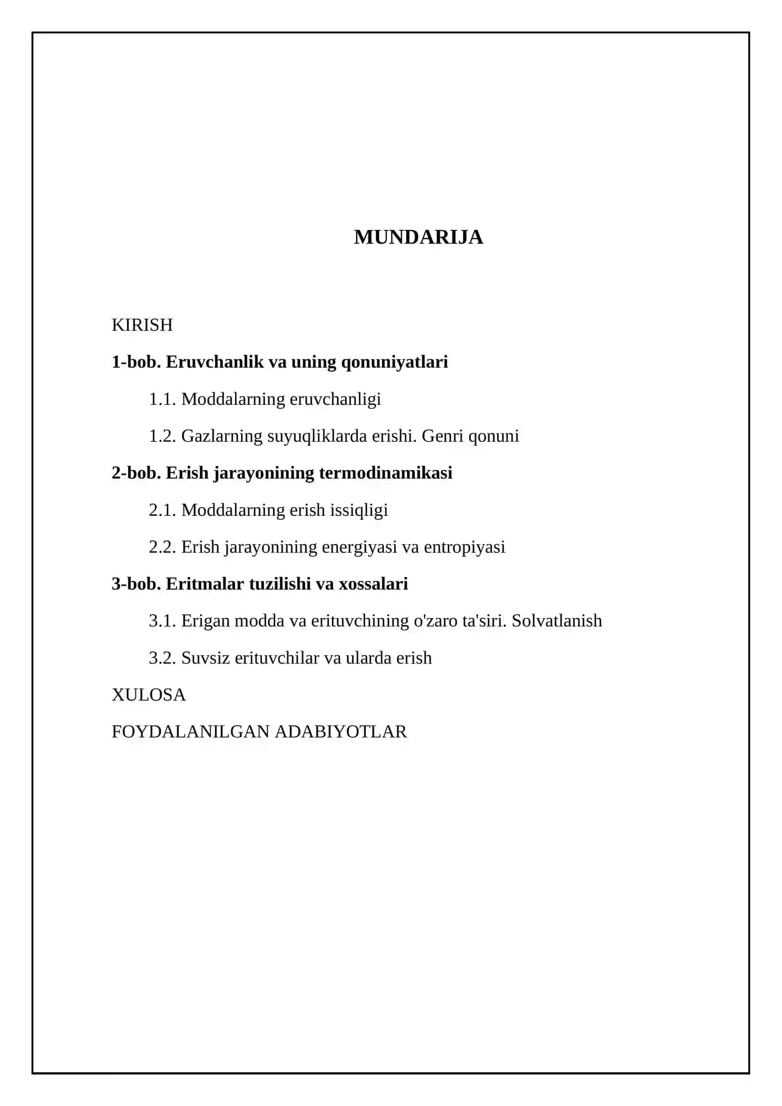 Eruvchanlik. Genri qonuni. Moddalarning erish issiqligi. Erigan modda va erituvchining o'zaro ta'siri. Solvatlanish. Suvsiz erituvchilar 2