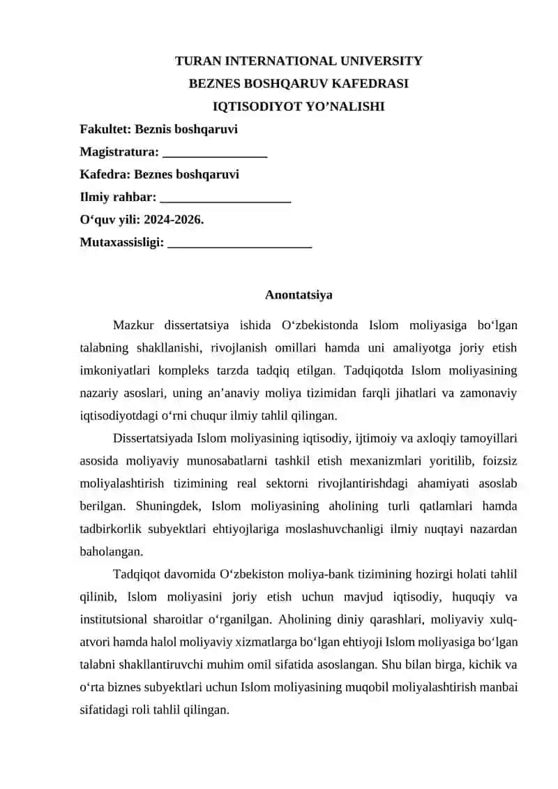 "O‘zbekistonda Islom moliyasiga bo‘lgan talab" dissertatsiyasi 2