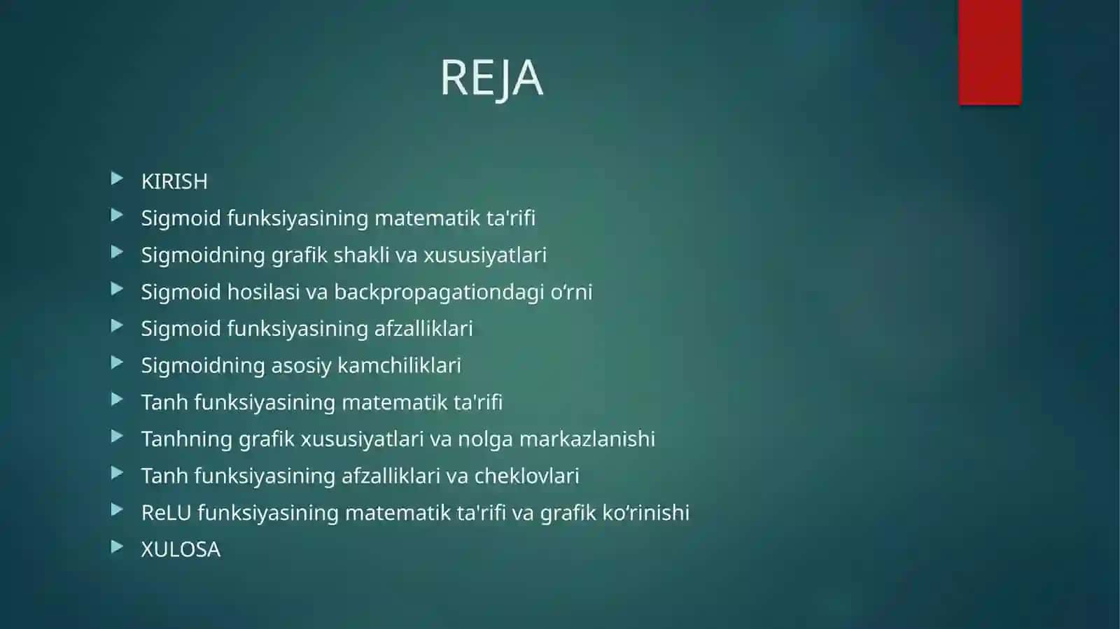 Aktivatsiya funksiyalari (Sigmoid, ReLU, Tanh) va ularning taqqosiy tahlili 2