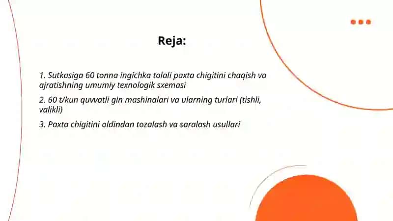 60tonna ingichka tolali paxta chigitini chaqish va ajratish texnologiyasi 2