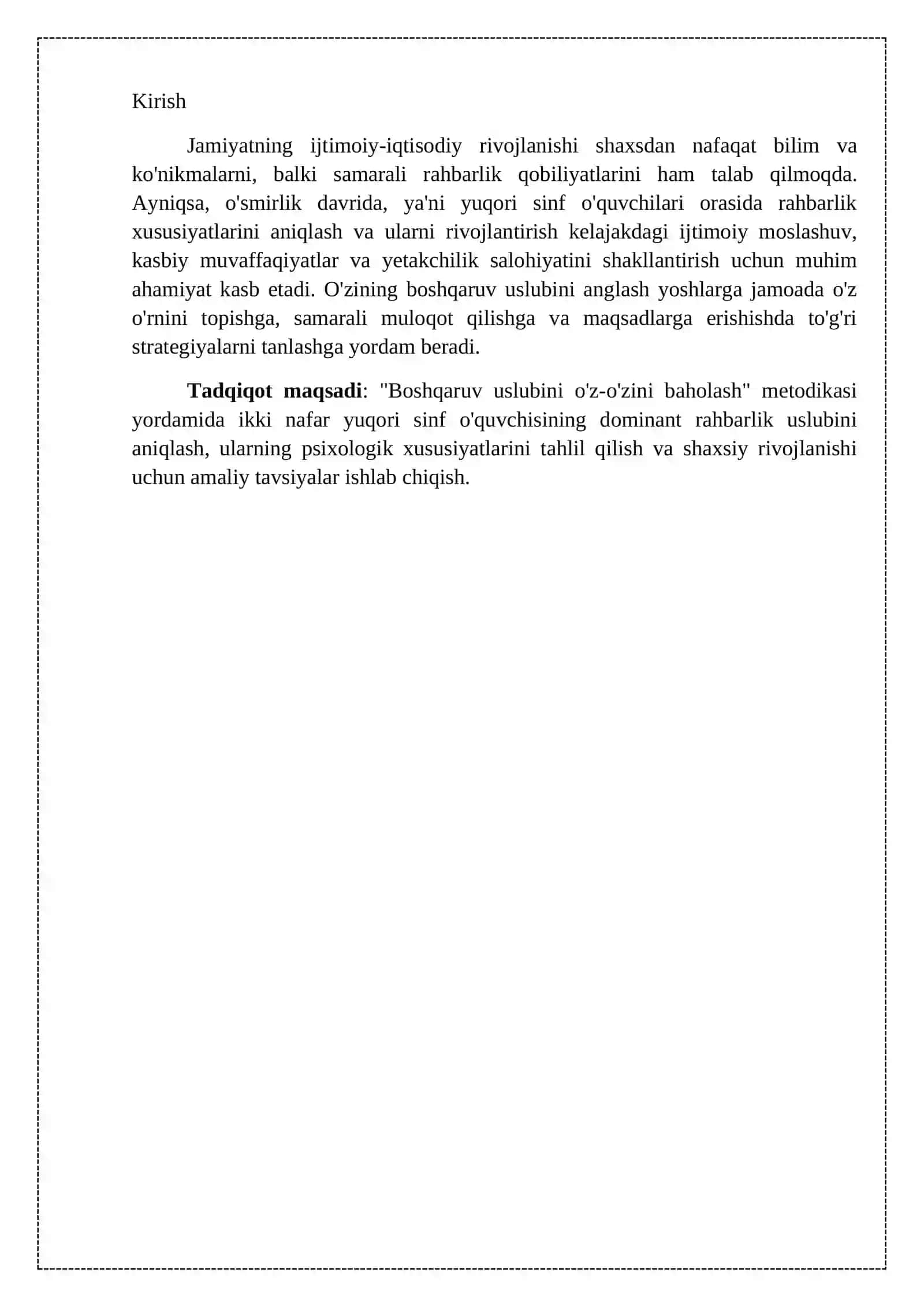 YUQORI SINF O'QUVCHILARIDA "BOSHQARUV USLUBINI O'Z-O'ZINI BAHOLASH" METODIKASI YORDAMIDA RAHBARLIK XUSUSIYATLARINI O'RGANISH 2