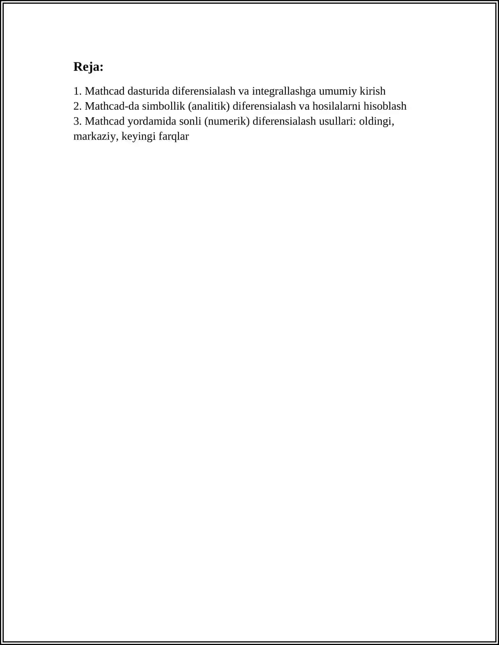 DIFERINSIYALASH INTEGRALLASH QATORLARI (MATHCAD DASTURIDA) 2