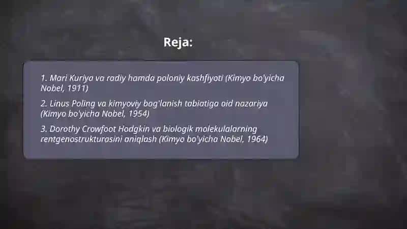 Kimyo sohasida Nobel mukofoti sovrindorlari va yutuqlari 2
