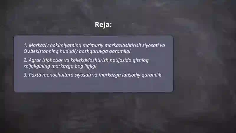 Soved hukmronligi davrida O'zbekistonning markazga ijtimoiy-siyosiy va iqtisodiy qaramligi va uning oqibatlari 2