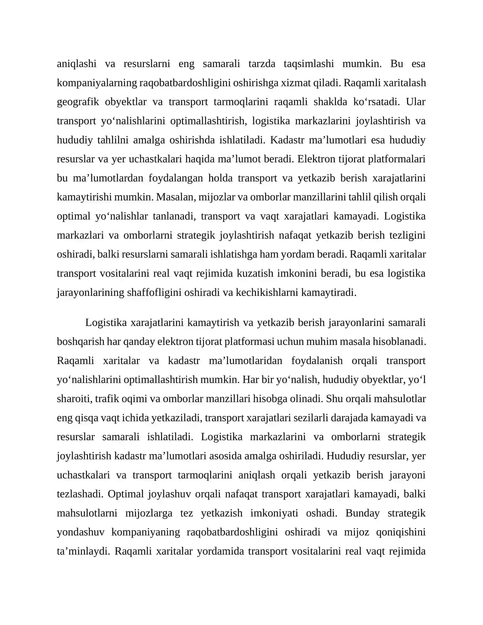Elektron tijorat platformalarida raqamli xaritalar va kadastr ma’lumotlaridan foydalanish orqali logistika xarajatlarini kamaytirish 2