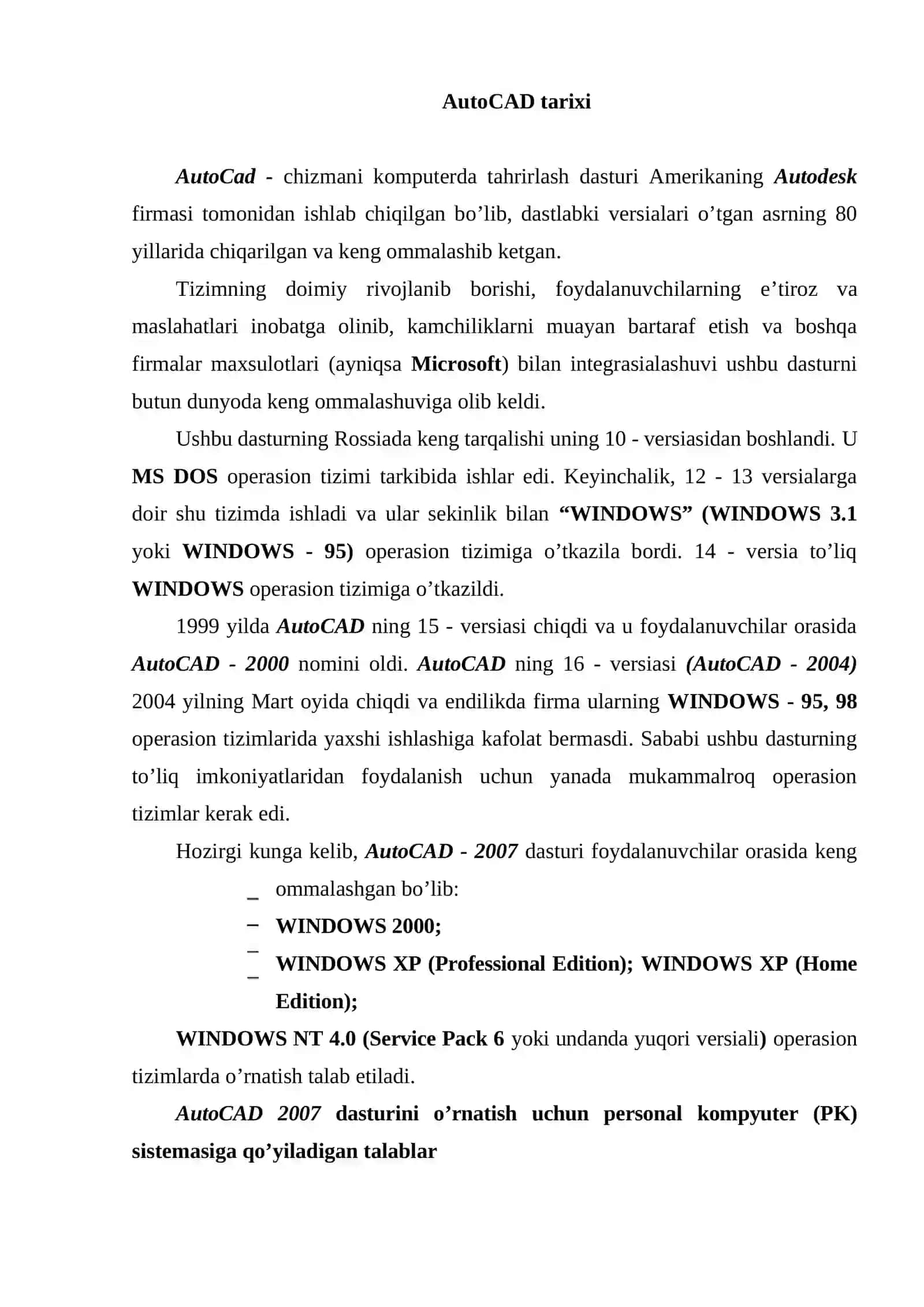 Kompyuter grafikasi va uning amaliy va ishlab chiqarishdagi ahamiyati. Autocad dasturining interfeysi va buyruqlar paneli. Autocad dasturining foydalanish interfeysi ishchi stolining menyulari va uning asbob uskunalari paneli 2