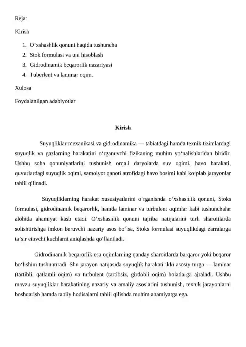 O‘xshashlik qonuni. Stoks formulasi. Gidrodinamik beqarorlik. Turbulent va laminar oqim 2