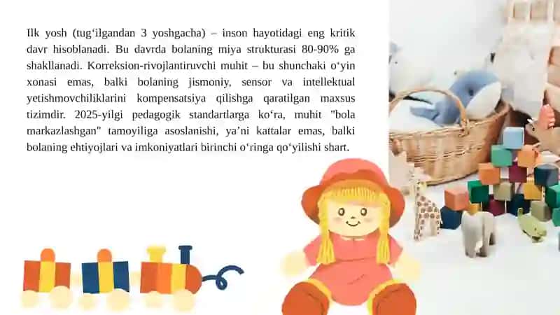 Ilk Yoshdagi Bolalar Bilan Korrektsion va Rivojlantiruvchi Muhitni Yaratishga Qo’yiladigan Talablar 2