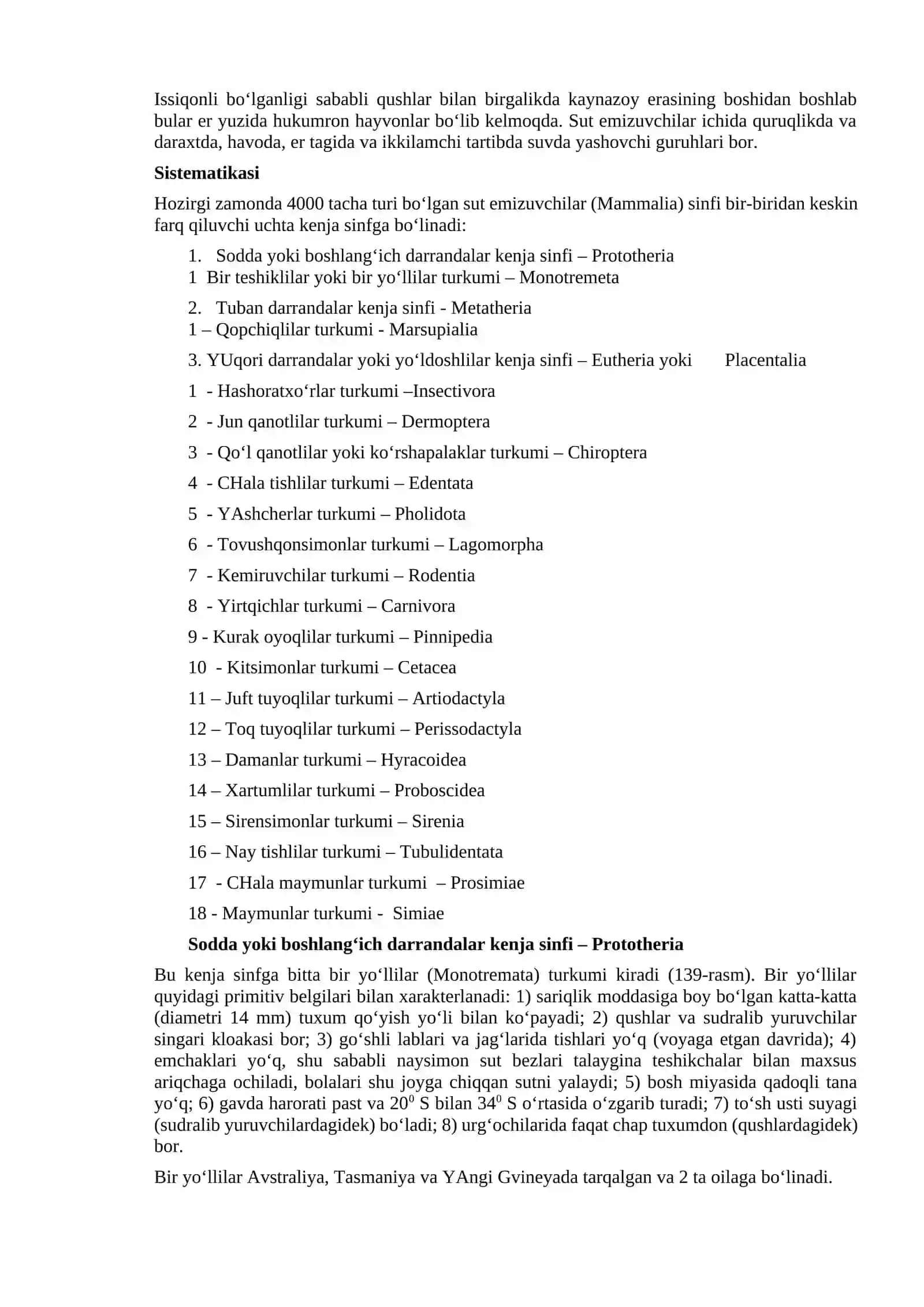 Sut emizuvchilar sinfining umumiy tavsifi va sistematikasi 2