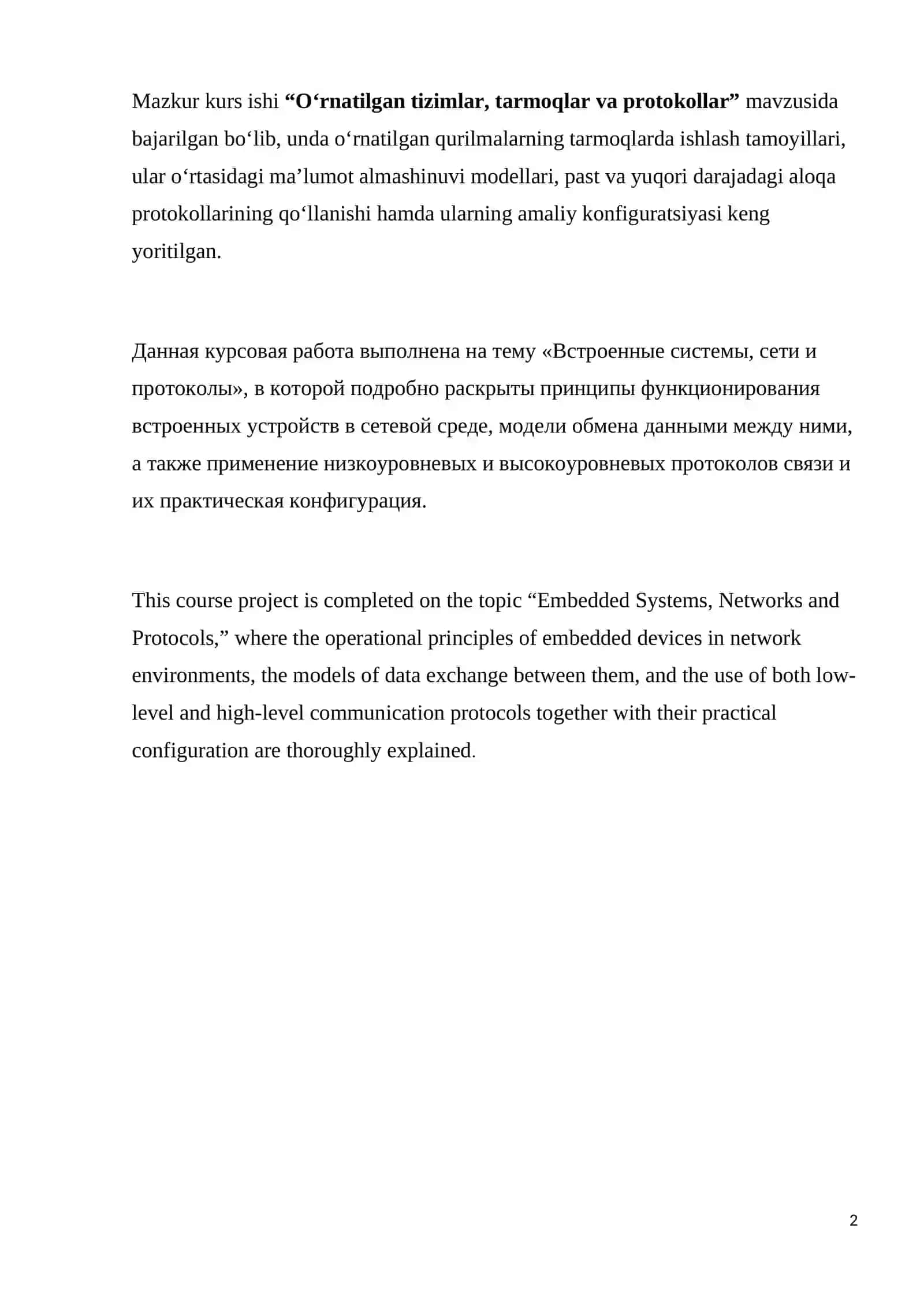 O‘RNATILGAN TIZIMLAR TARMOQLAR VA PROTOKOLLAR KURS ISHI ISHIGA HISOBOT YOZUVI 2