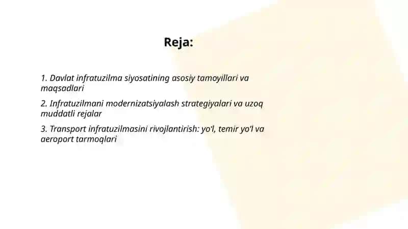 Davlatning infratuzilma siyosatida uni yanada rivojlantirish istiqbollari 2