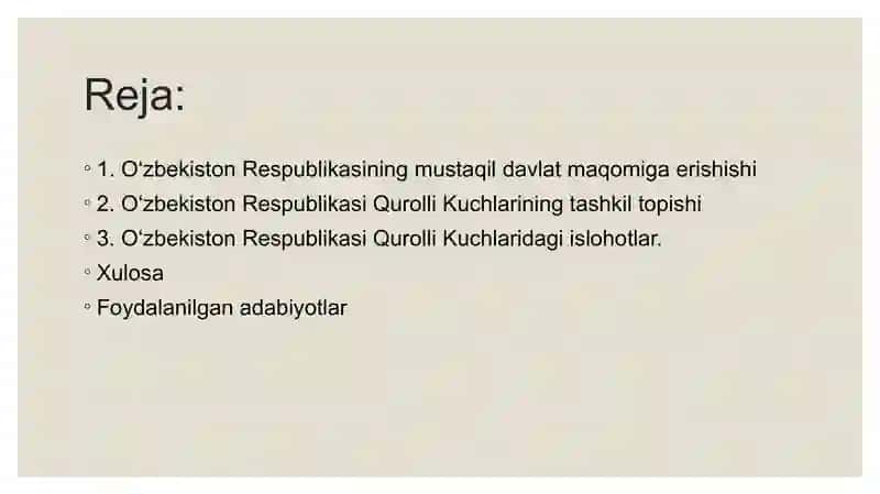 O‘zbekiston Respublikasining mustaqil davlat maqomiga erishishi, O‘zbekiston Respublikasi Qurolli Kuchlarining tashkil topishi, O‘zbekiston Respublikasi Qurolli Kuchlaridagi islohotlar 2
