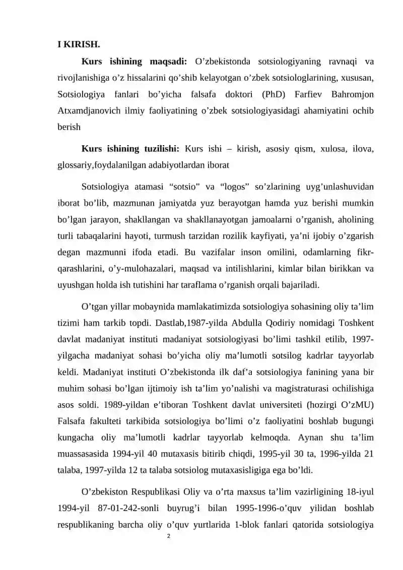OʻZBEKISTON SOTSIOLOGLARINING SOTSIOLOGIK QARASHLARI: FALSAFA DOKTORI (PhD)FARFIEV BAXROMJON ATXAMDJANOVICHNING SOTSIOLOGIYAGA QOʻSHGAN HISSASI 2
