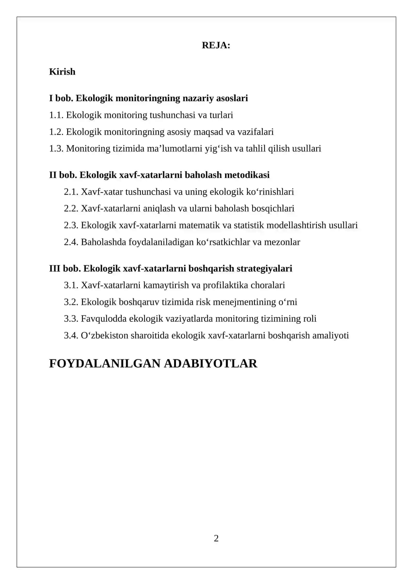 Ekologik monitoringda xavf-xatarlarni baholash va boshqarish 2
