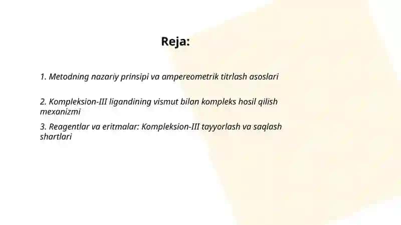 AMPEREOMETRIK TITRLASH USULIDA VISMUTNI KONSENTRATSIYASINI KOMPLEKSION-III BILAN ANIQLASH 2