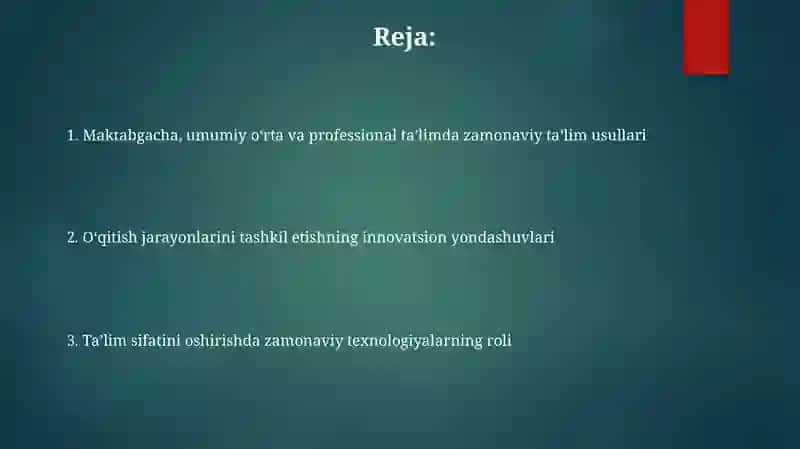Maktabgacha umumiy oʻrta professional taʼlimda oʻqitish jarayonlarini zamonaviy tashkil etish 2