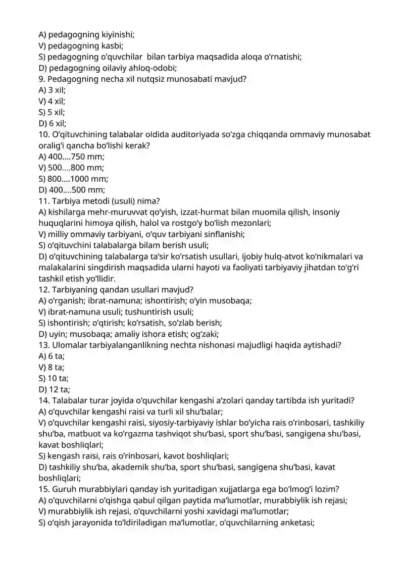 Tarbiyaviy ishlar metodikasi test savollari 2