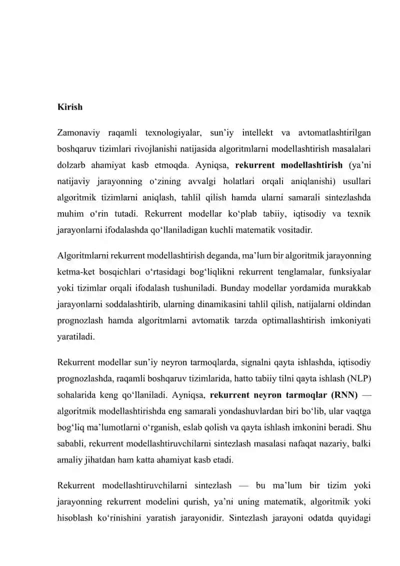 Algoritmlarni rekurrent modellashtiruvchilarini sintezlash metodlari 2