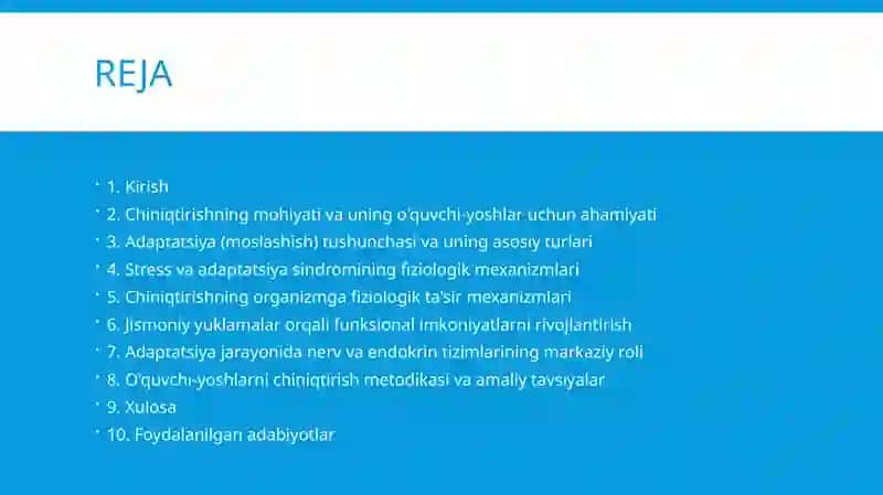 O'QUVCHI-YOSHLAR ORGANIZMINI FUNKSIONAL IMKONIYATLARINI RIVOJLANTIRISH CHINIQTIRISHNING VA FIZIOLOGIK ASOSLARI 2