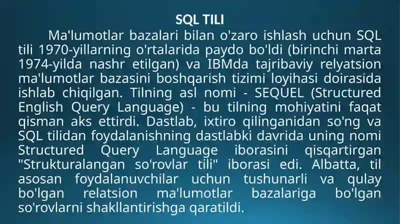 SQL TILI OPERATORLARI.MA’LUMOTLARNI MANIPULYATSIYA QILISH 2