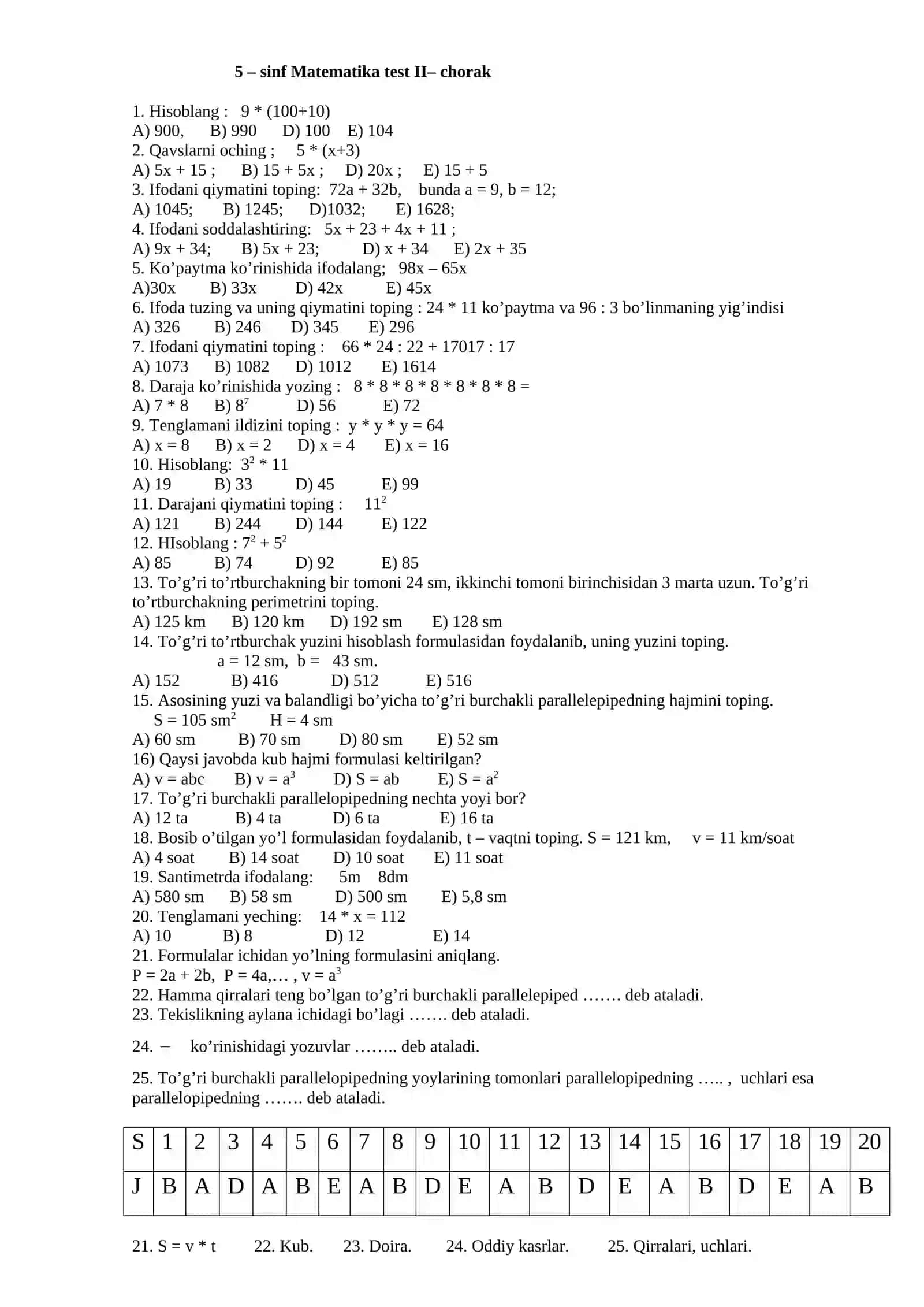5 – sinf Matematika test I – chorak 2
