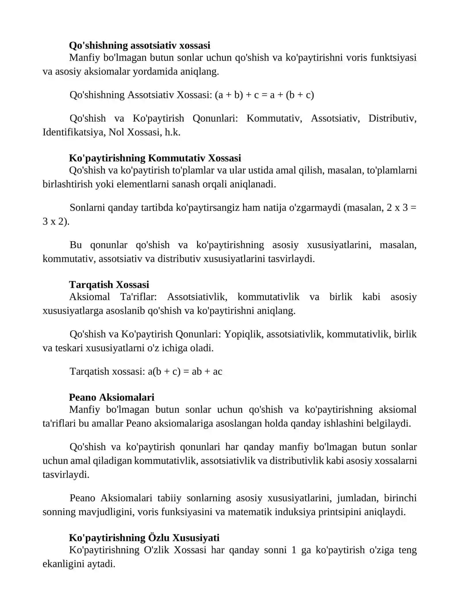 Qo'shish va Ko'paytirishning Aksiomatik Ta'riflari 2