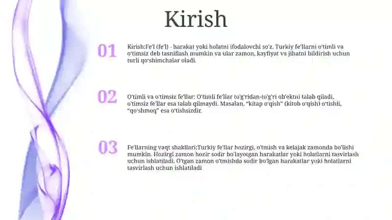 Fe'L So‘Z Turkumi Sifatida.Bo‘Lishli Va Bo‘Lishsiz Fe'L. O‘Timli Va O‘Timsiz Fe'Llar 2