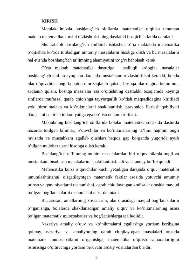 BOSHLANG’ICH SINF O’QUVCHILARIGA QOLDIQLI BO’LISH MALAKASINI SHAKLLANTIRISH METODIKASI 2