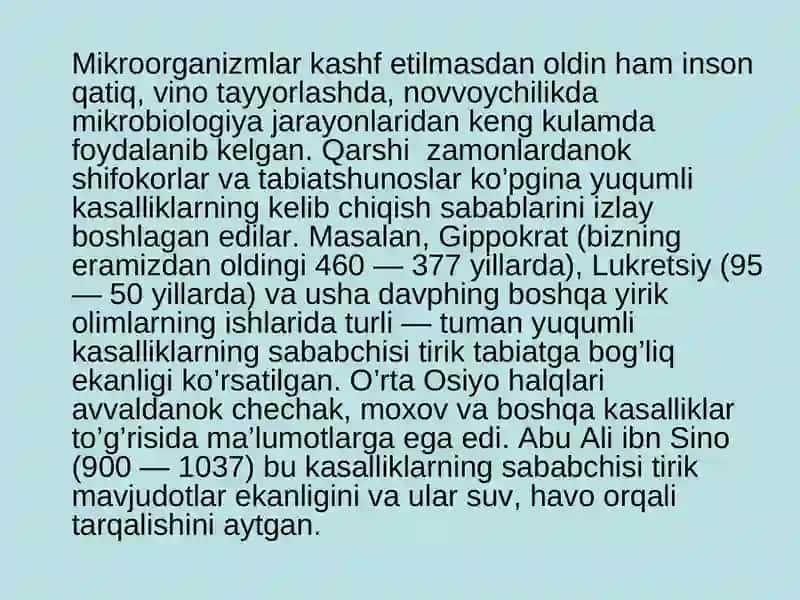 Mikrobiologiyaning paydo bo‘lishi va rivojlanish tarixi. Hozirgi zamon mikrobiologoyasi 2