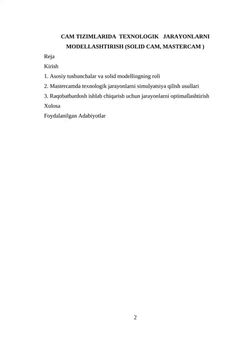 CAM TIZIMLARIDA TEXNOLOGIK JARAYONLARNI MODELLASHTIRISH (SOLID CAM, MASTERCAM) 2