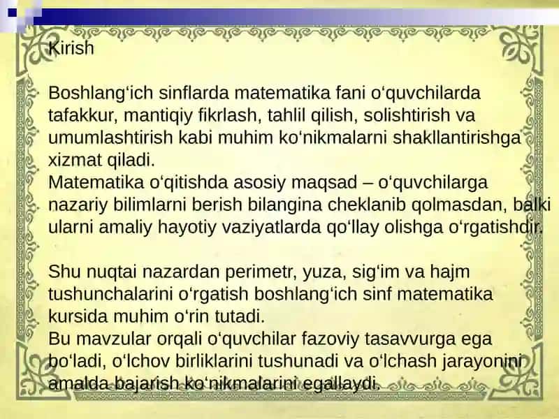Boshlangʻich sinflarda perimetr va yuza (sigʻim,hajim) tushunchalarini oʻrgatish metodikasi 2