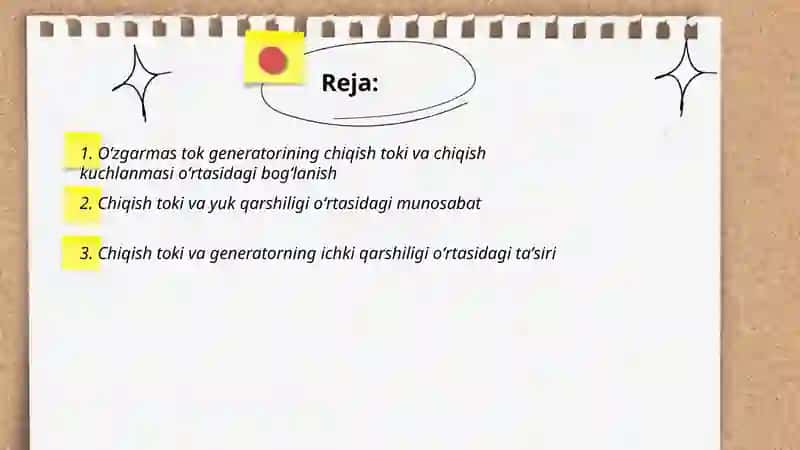 Oʻzgarmas tok generatorlarining asosiy rejim parametrlari orasidagi bogʻlanish 2