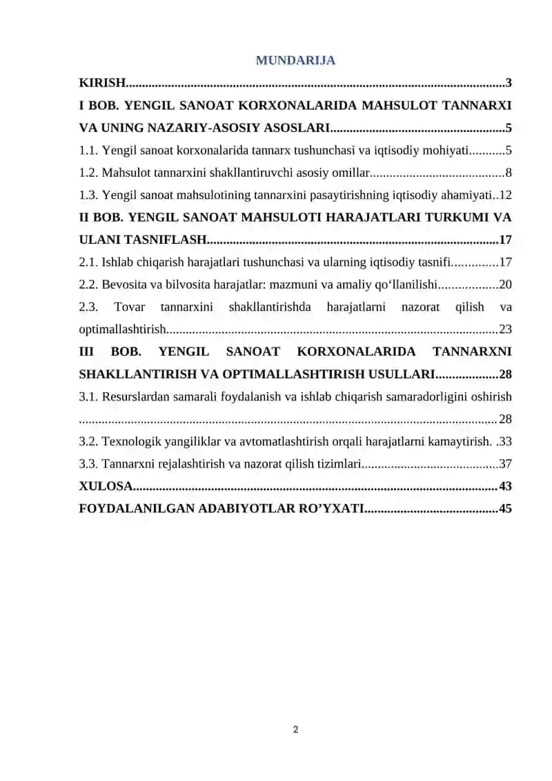 Yengil sanoat korxonalari mahsulotining harajatlari turkumi va tannarxining tuzulishi 2