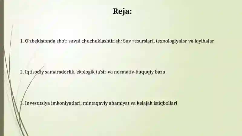 O'zbekistonda suvni chuchuklashtirish: Suv resurslari, texnologiyalar va loyihalar 2