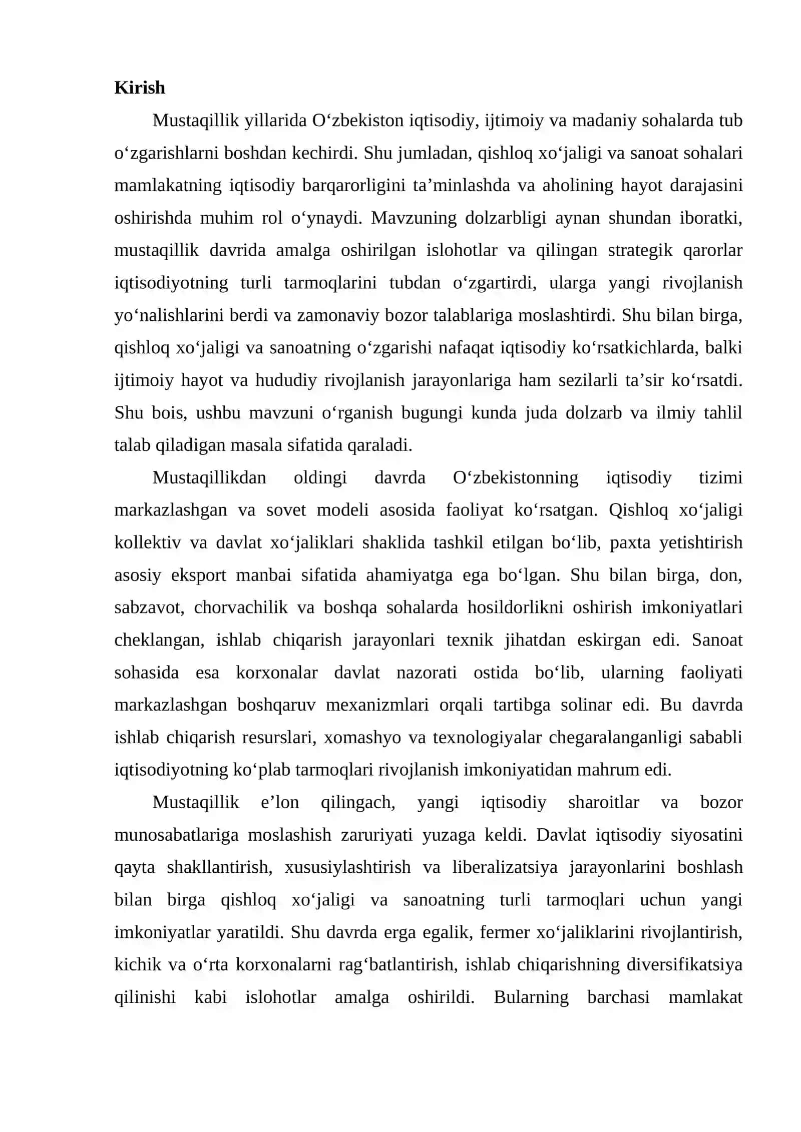 Mustaqillik yillarida qishloq xoʻjaligi va sanoat soxasidagi oʻzgarishlar 2