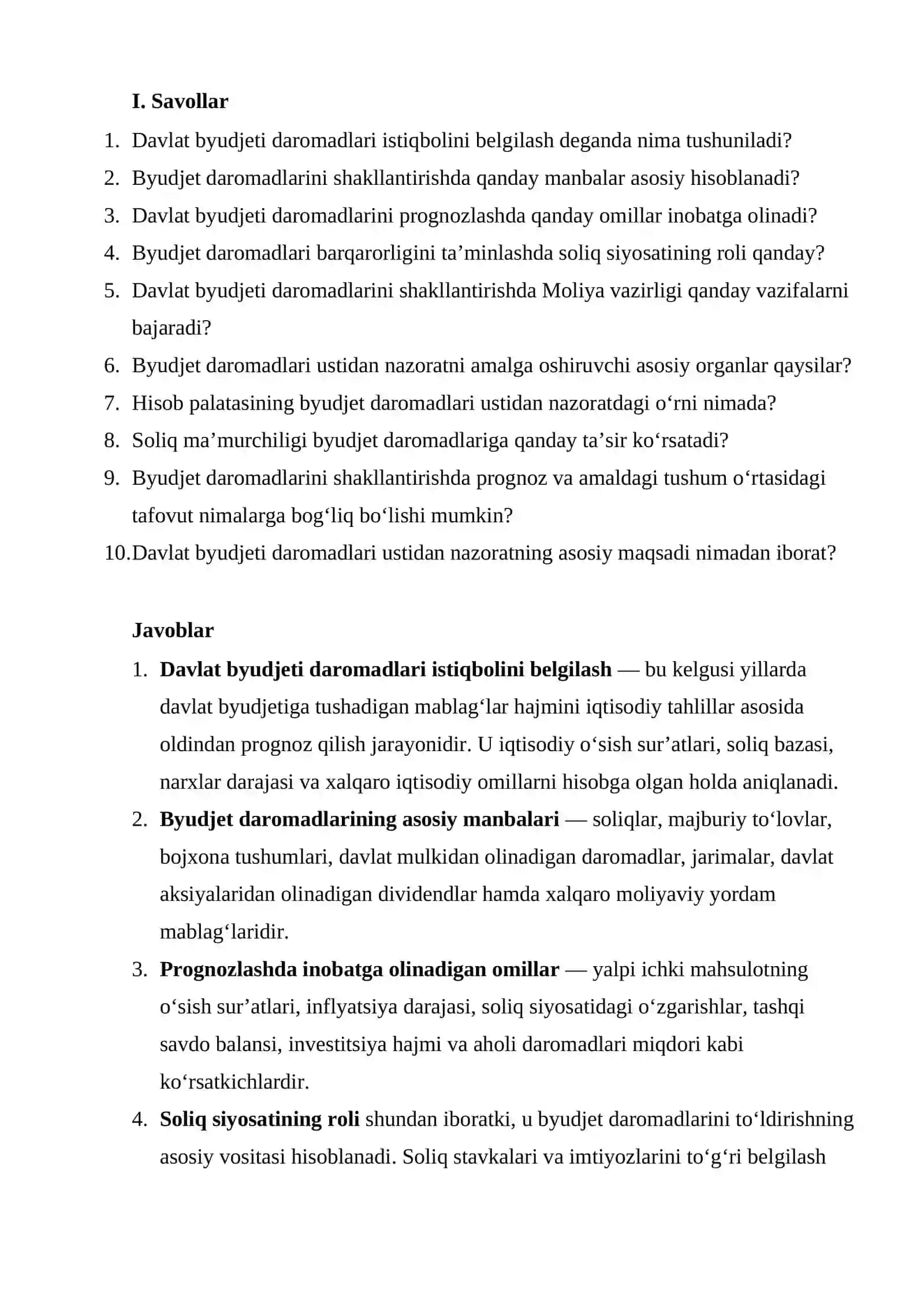 MUSTAQIL TA’LIM - Davlat byudjeti daromadlari istiqbolini belgilash va ularni shakllantirish bo'yicha nazorat ishlari 2