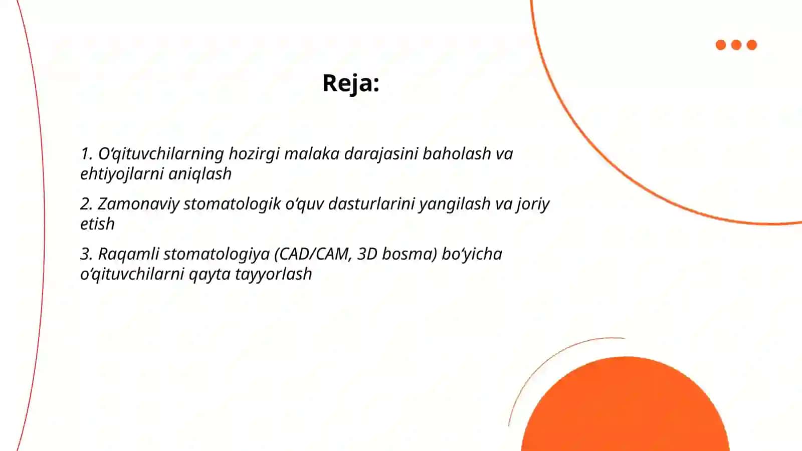 Stomatologiya yo’nalishlari bo’yicha o’qituvchilarning malakasini oshirish zaruratlari 2