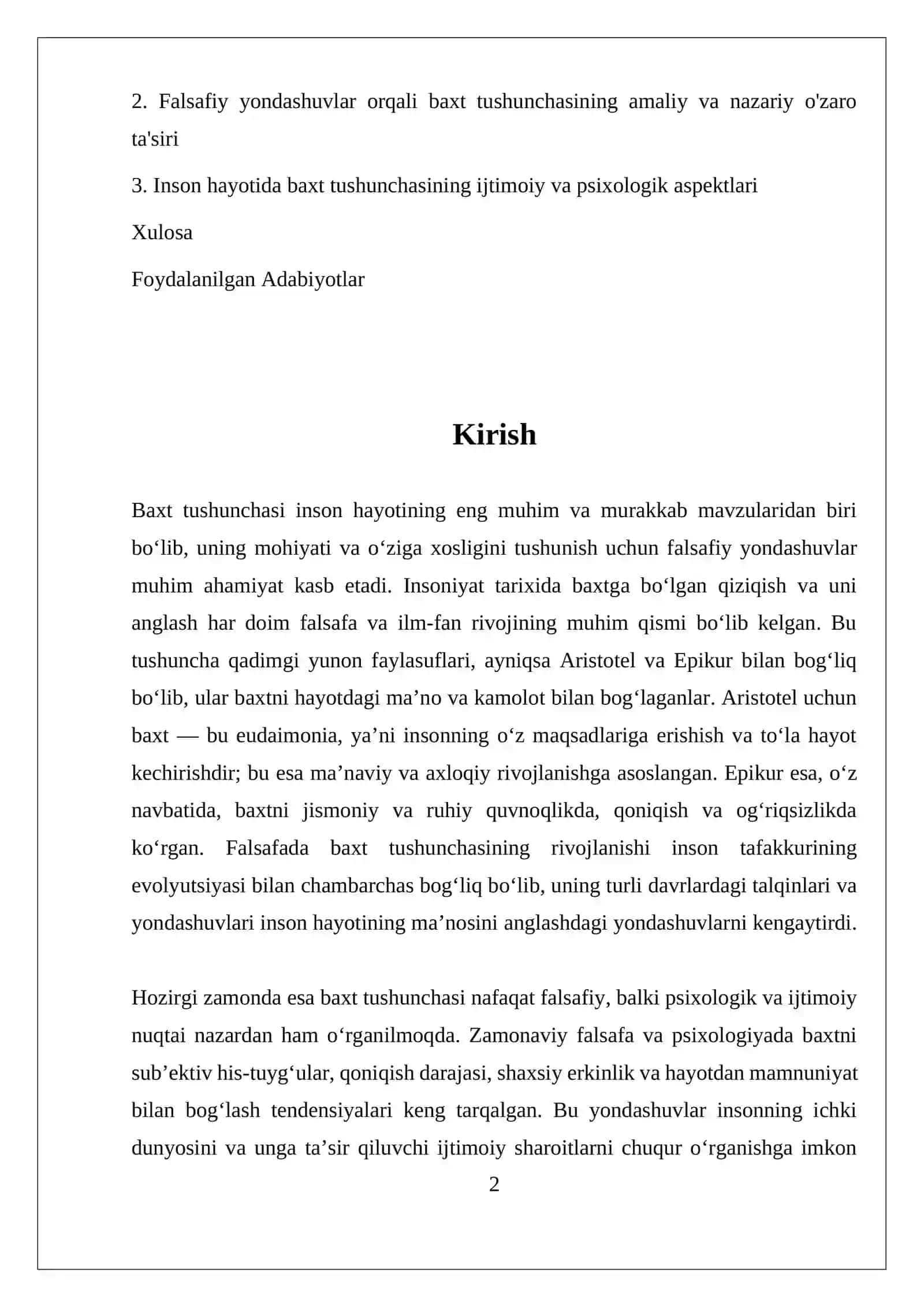 BAXT TUSHUNCHASI: FALSAFIY YONDASHUVLAR 2