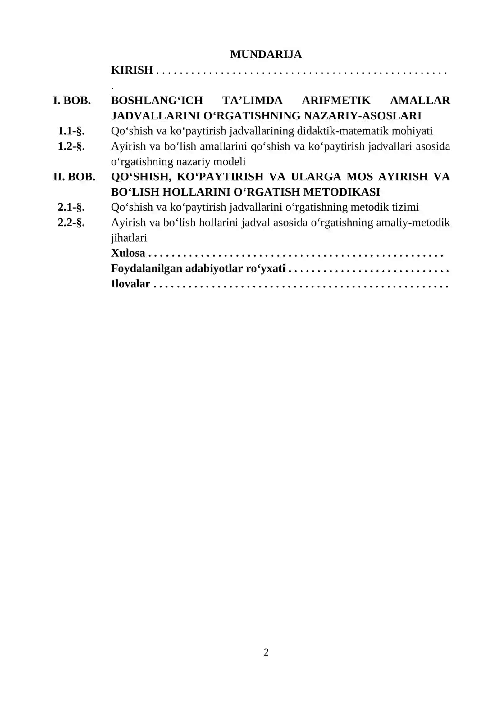 “QO‘SHISH VA KO‘PAYTIRISH JADVALLARI HAMDA ULARGA MOS AYIRISH VA BO‘LISH HOLLARINI O‘RGATISH METODIKASI” 2