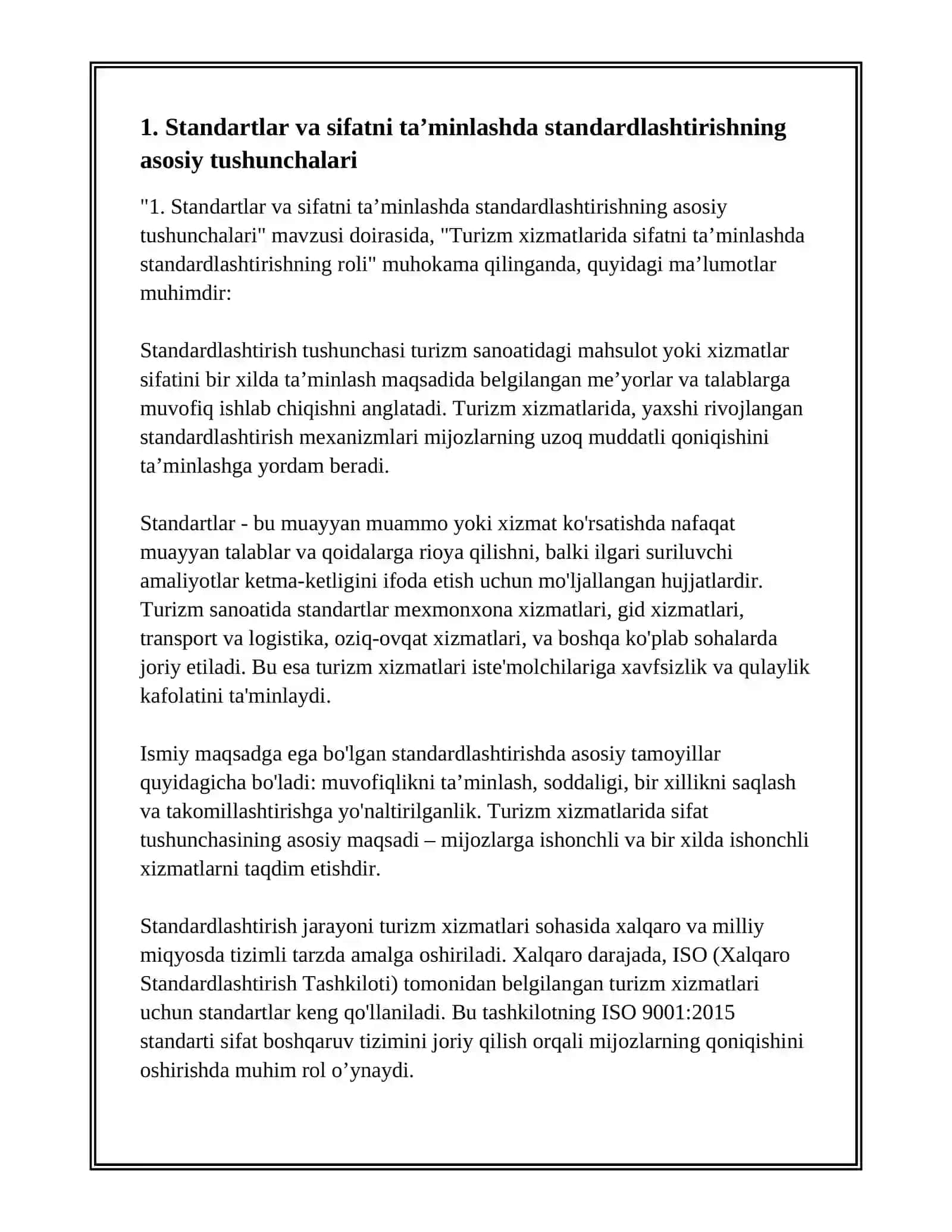 TURIZM XIZMATLARIDA SIFATNI TAʼMINLASHDA STANDARDLASHTIRISHNING ROLI 2