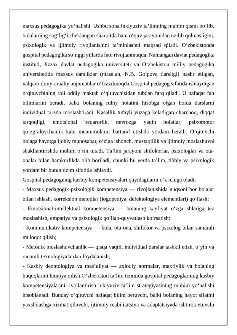Kasbiy kompetensiyalar va gospital pedagog sifatida o‘qituvchining roli 2