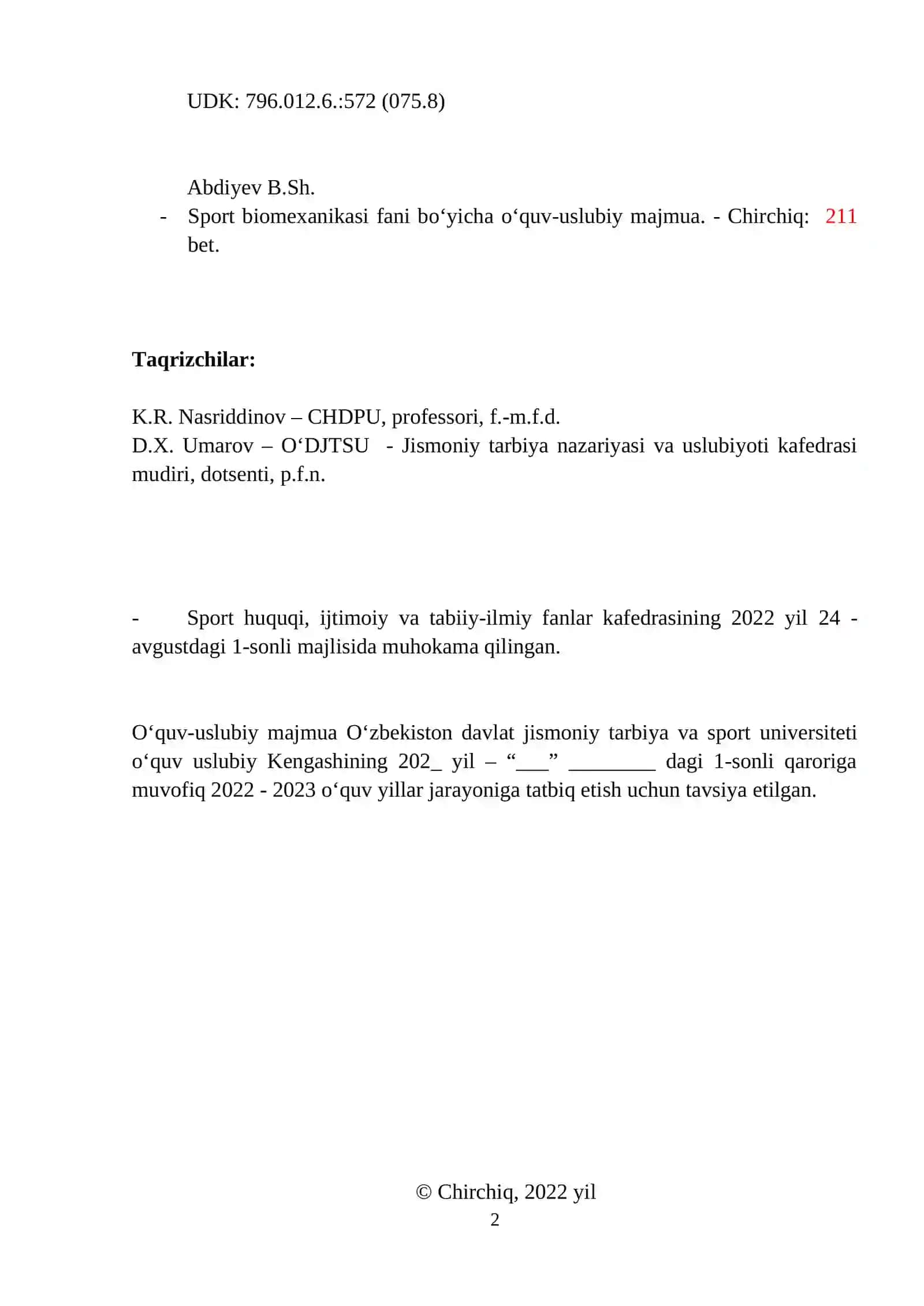 SPORT BIOMEXANIKASI FANI BO‘YICHA O‘QUV-USLUBIY MAJMUA 2