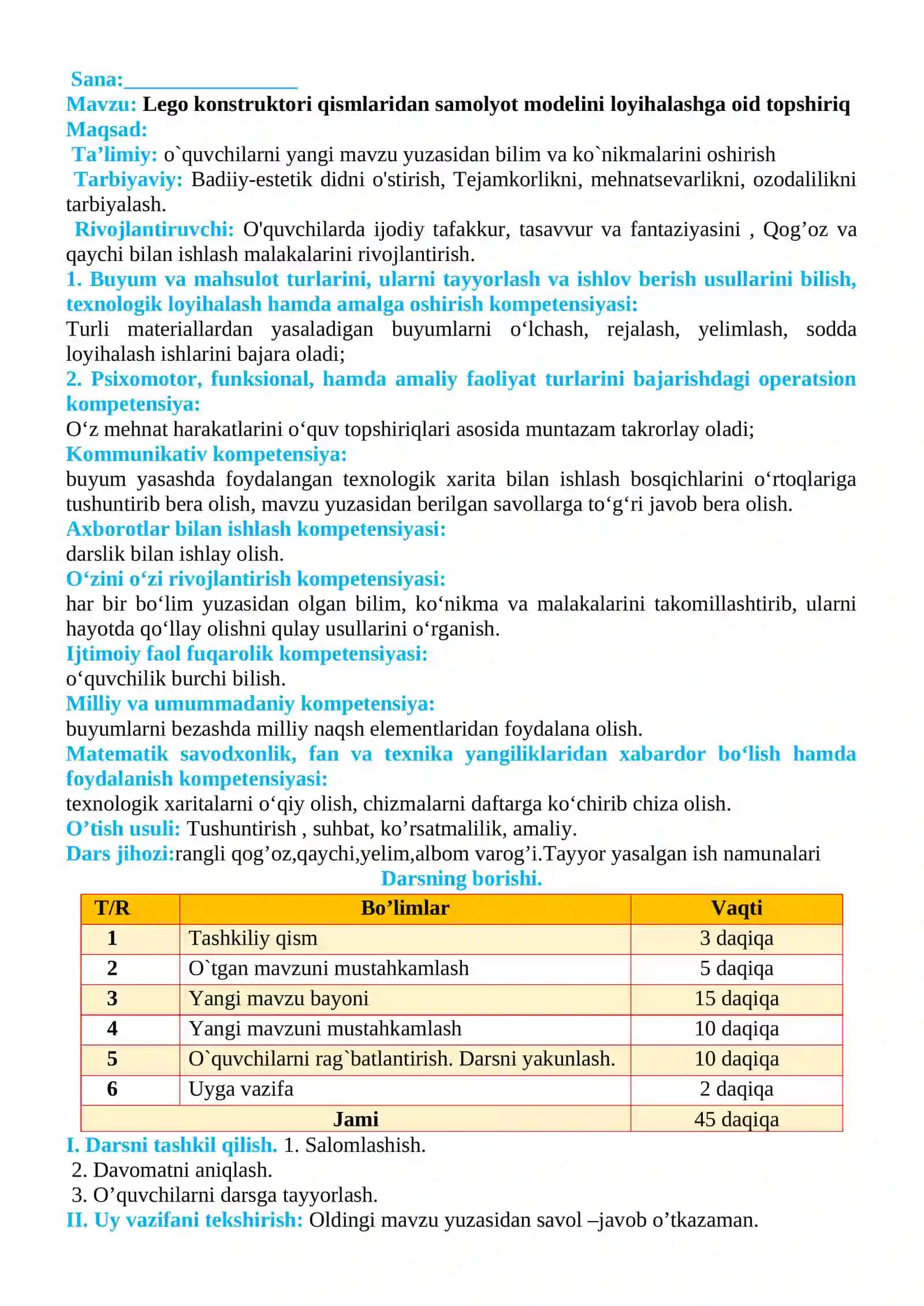 4-sinf Texnologiya Lego konstruktori qismlaridan samolyot modelini loyihalashga oid topshiriq 2