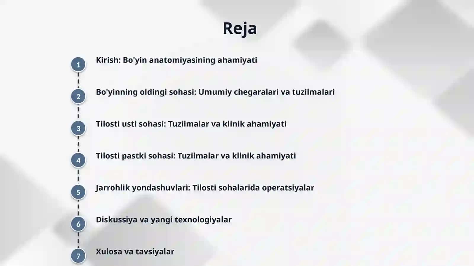 Boʻyinning oldingi sohasi topografik anatomiyasi va operativ xirurgiyasi. Boʻyinning oldingi boʻlimi. Tilosti usti va tilosti pastki sohalari. 2