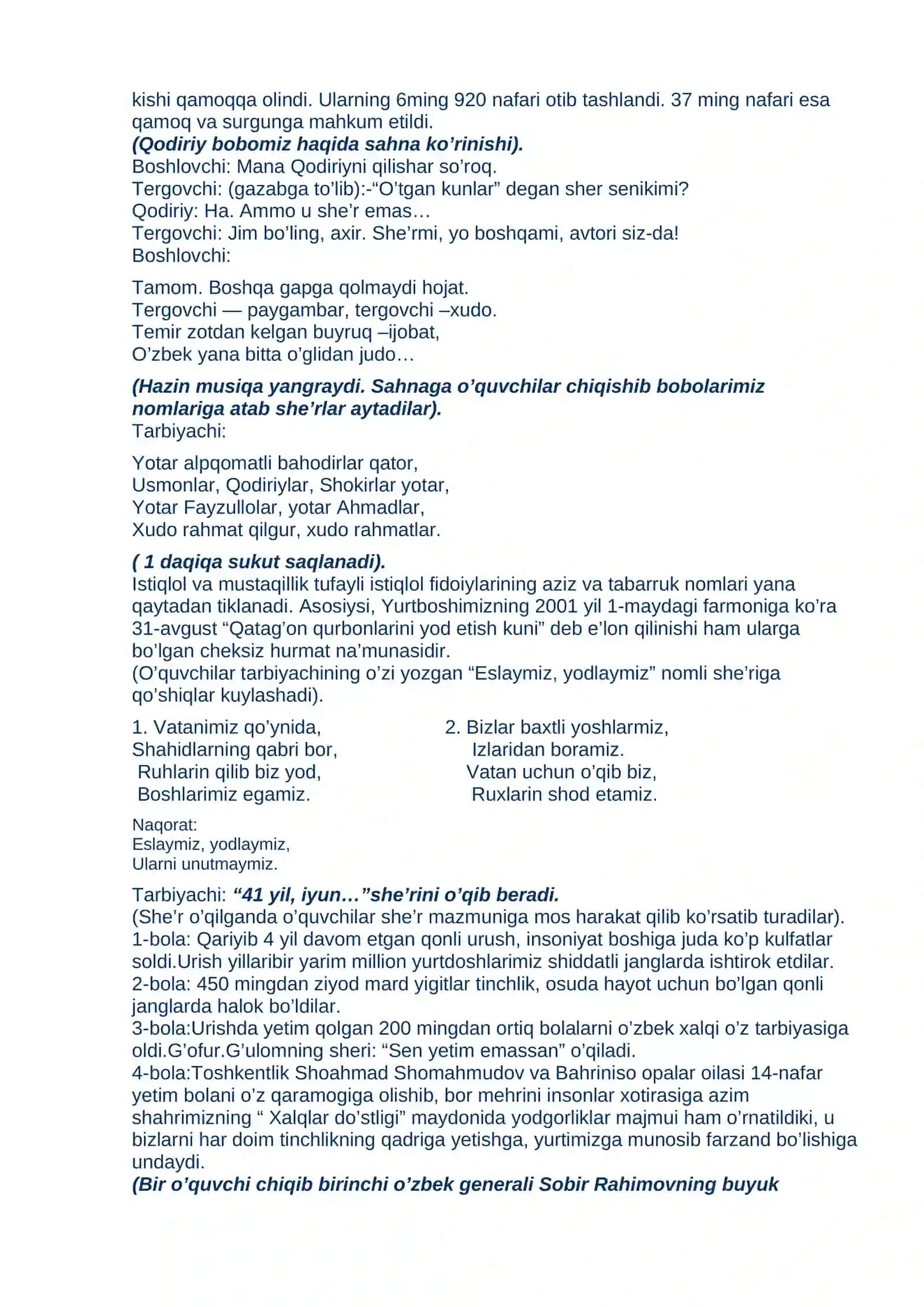 “Xotira-muqaddas, Xotira-sharaf” nomli tadbir senariysi 2