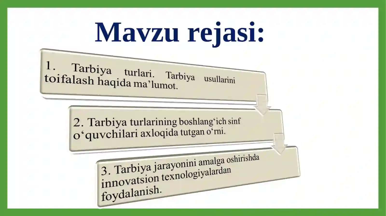 Tarbiya turlari. Tarbiya turlarining boshlangʻich sinf oʻquvchilari axloqida tutgan oʻrni 2