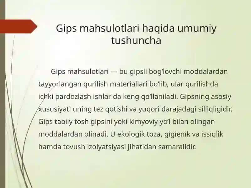 Gips mahsulotlari, ularning turlari va ishlatilish sohalari 2
