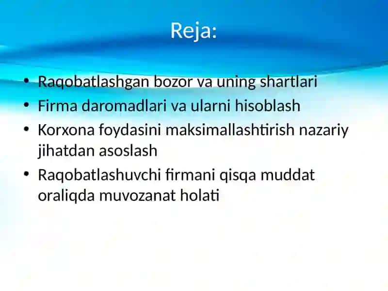 Raqobatlashgan bozorda qisqa muddatli oraliqda ishlab chiqaruvchining muvozanat holati 2